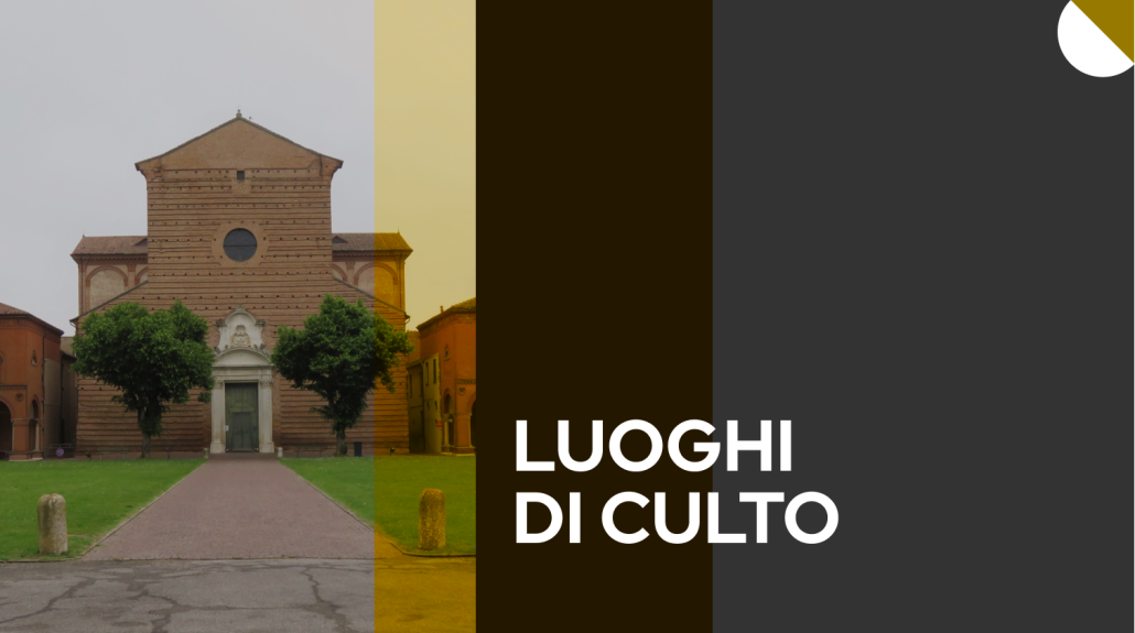 Pulsante per accedere alla sezione 'Luoghi di Culto', con l'immagine di una chiesa storica italiana e uno sfondo grafico.