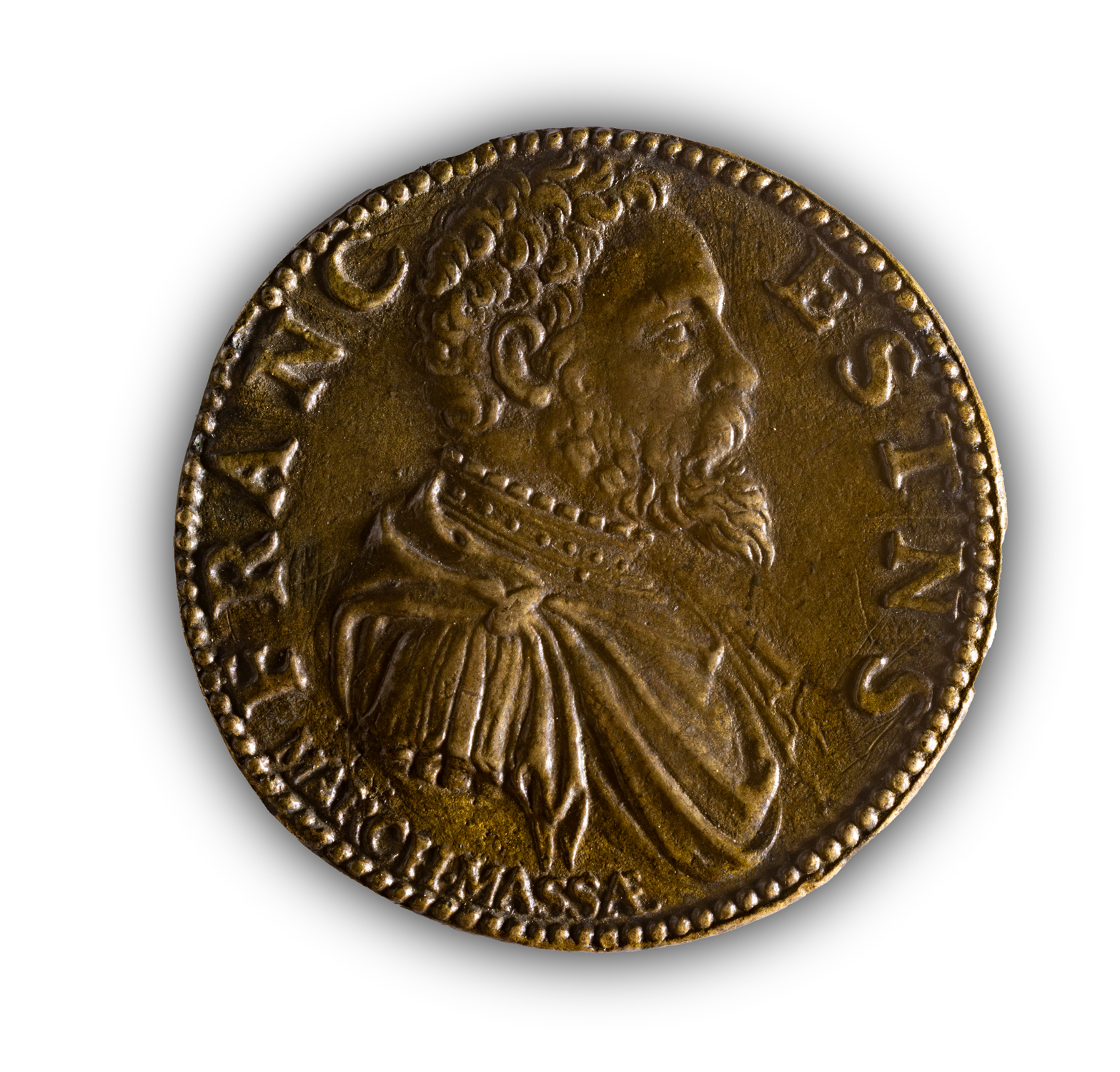 Anonimo, Francesco d’Este (dritto); Due tempietti colonnati con cupola (rovescio), metà del XVI secolo, Bronzo, Palazzina Marfisa, inv. NU51113