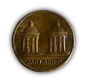 Anonimo, Francesco d’Este (dritto); Due tempietti colonnati con cupola (rovescio), metà del XVI secolo, Bronzo, Palazzina Marfisa, inv. NU51113